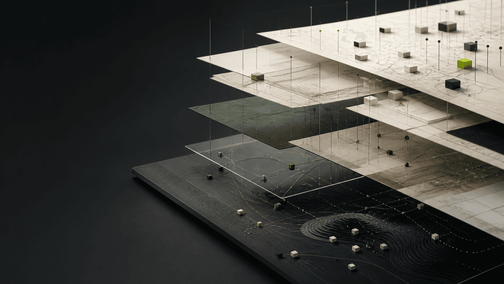 Layered physical maps and connected nodes representing a complex digital estate